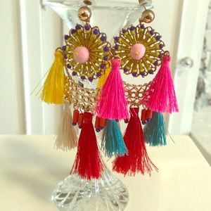 Multi-color fringe and Pom earrings